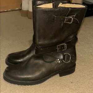 Frye Black Leather Harness Moto Boots